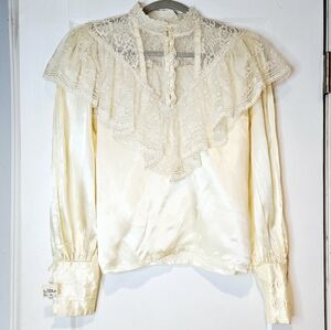 Vintage Gunnies Lace Ruffle Victorian Satin Blouse Cream Ivory